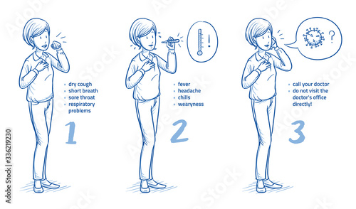 Woman having corona symptoms, calling doctor. Instruction in case of having corona virus infection symptoms. Hand drawn blue outline line art cartoon vector illustration.