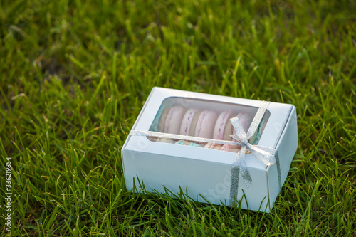 Cardboard white gift box with colorful handmade macaron cookies on green grass lawn background. photo