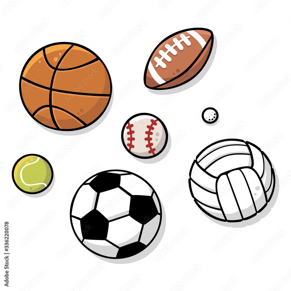 Vector cartoon sports balls (basketball, football, tennis, soccer, volleyball, gold, baseball or softball). Drawn in a simple style with flat colors and isolated on white.