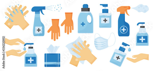 Disinfection. Hand hygiene. Set of hand sanitizer bottles, face medical mask, washing gel, spray, wet wipes, liquid soap, rubber gloves, napkins. Vector illustration