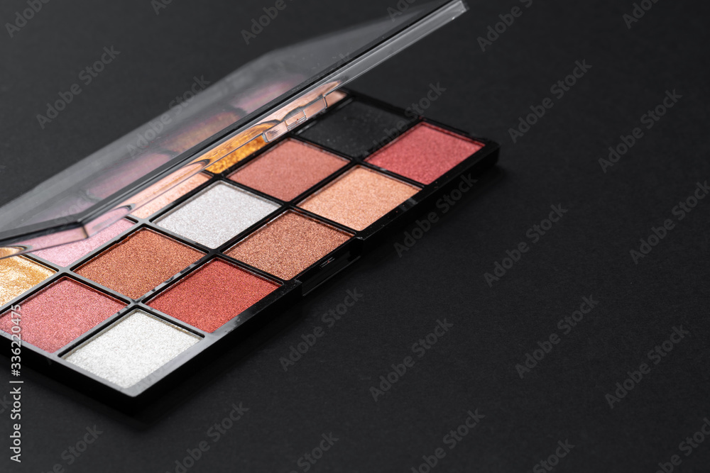 Color professional cosmetic palette on a dark background, close up Color professional cosmetic palette on a dark background, close up