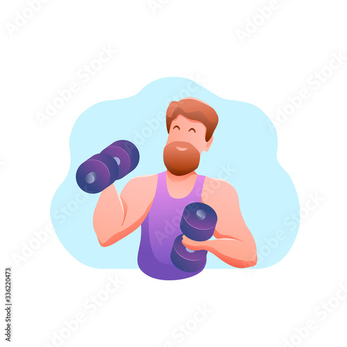 Sports banner flat design isolated. Young muscular caucasian man with dumbbells. Performing a bench press by an athlete in training. Modern vector illustration.