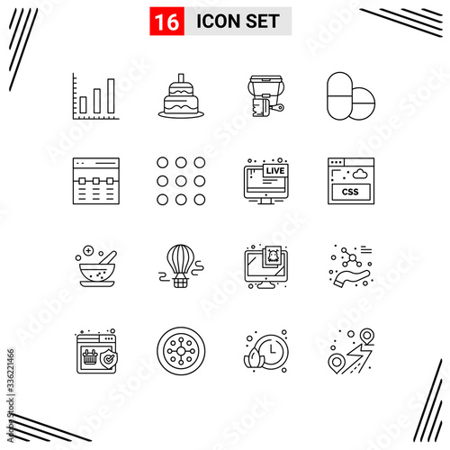 16 Universal Outline Signs Symbols of interface, hero, bucket, header, tablets photo