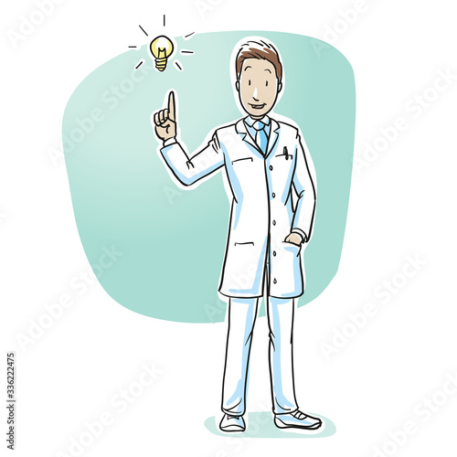 Scientist or pharmacist having an idea. Concept for innovation, solutions and scientific progress. Hand drawn cartoon sketch vector illustration, whiteboard marker style coloring. 