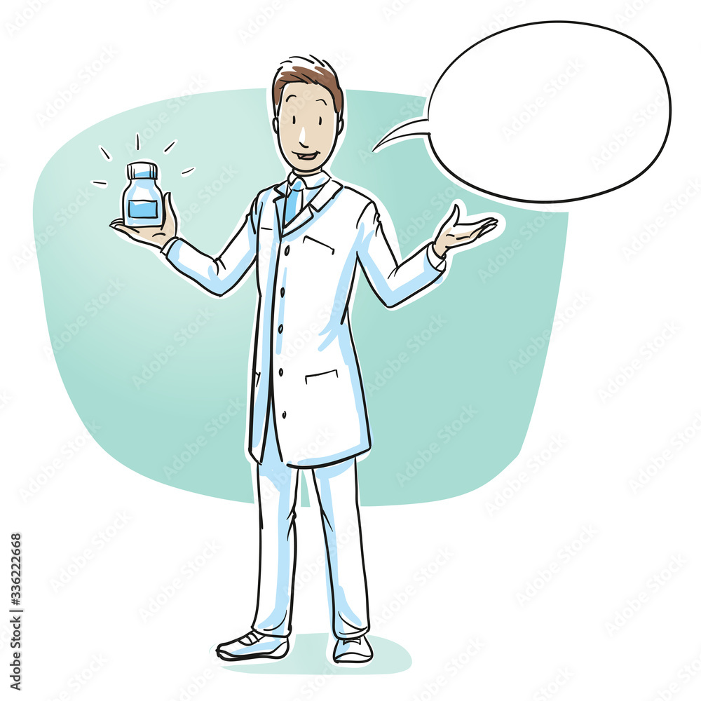 Scientist or pharmacist presenting medicine bottle with speech bubble. Concept for medical product recommendation. Hand drawn cartoon sketch vector illustration Scientist or pharmacist presenting medicine bottle with speech bubble. Concept for medical product recommendation. Hand drawn cartoon sketch vector illustration
