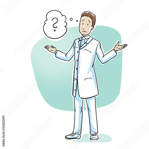 Scientist or pharmacist with helpless, confused gesture and question mark in thought bubble. Hand drawn cartoon sketch vector illustration, whiteboard marker style coloring. 