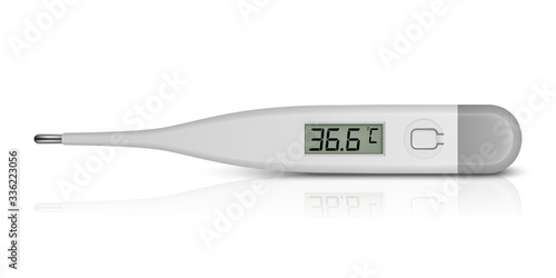 Vector Realistic 3d Celsius Electronic Medical Thermometer for Measuring Icon Closeup Isolated on White Background. 36.6. Design Template of Digital Thermometer Showing Temperature. Front View