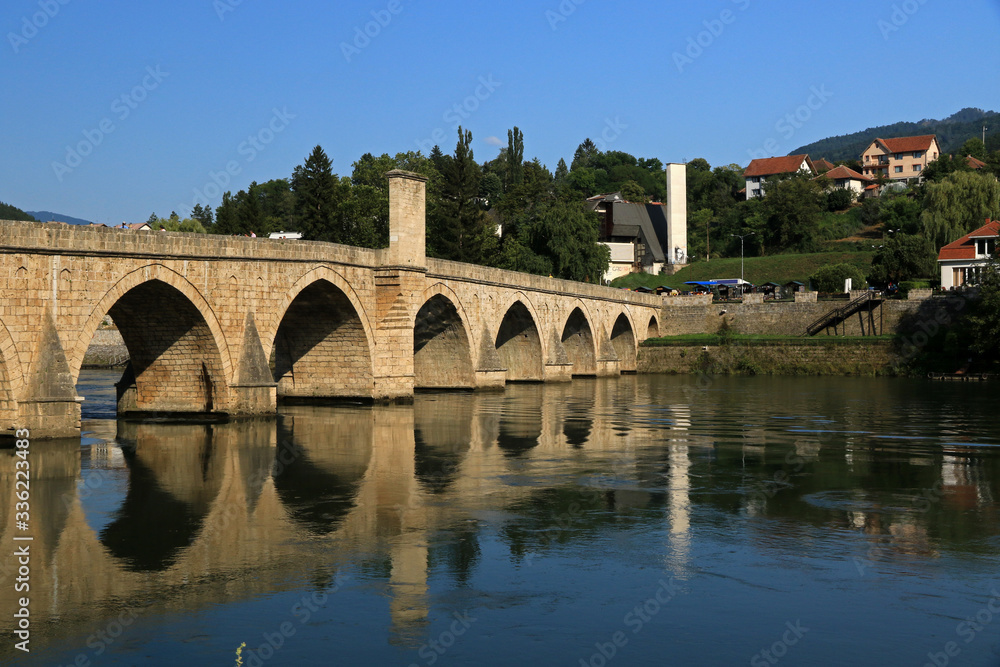 Mehmed Pasa Sokolovic Bridge, historic bridge in Visegrad, over the Drina River in eastern Bosnia and Herzegovina