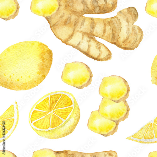 Watercolor hand painted nature healthy herbal fruit seamless pattern with yellow lemon and ginger root spices slice isolated on the white background, trendy medicinal print for design elements
