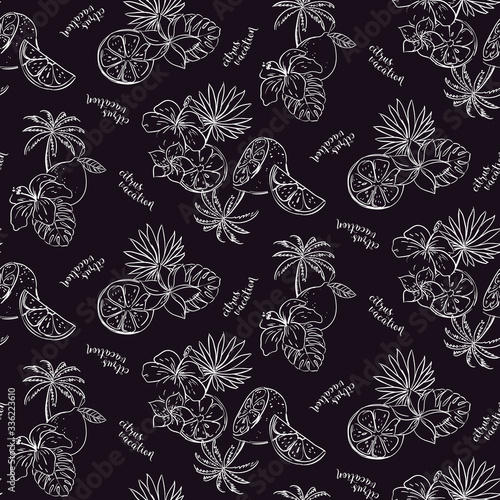 Seamless pattern with lemons, fruits, palms and blossoms. Vector illustration.