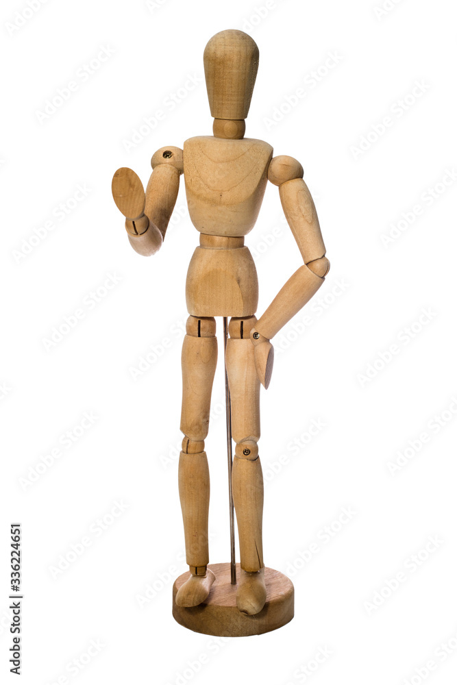 Wooden mannequin stop sign - stands on a white background Wooden mannequin stop sign - stands on a white background