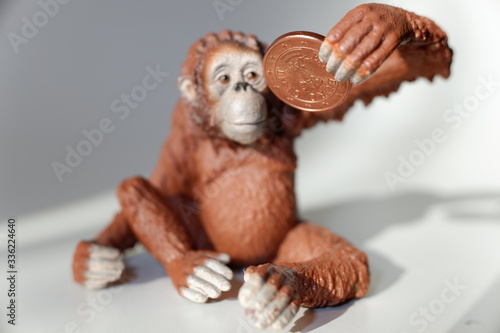 miniatura di scimpanzè con in mano una moneta photo