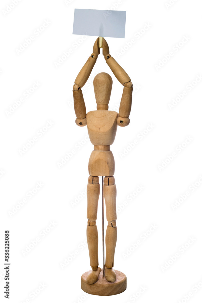 Wooden mannequin holding a sign - stands on a white background
Wooden mannequin holding a sign - stands on a white background