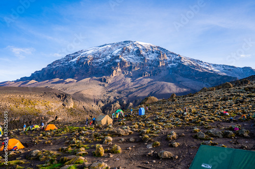 Camping on mount Kilimanjaro in tents to see the glaciers in Tanzania, Africa