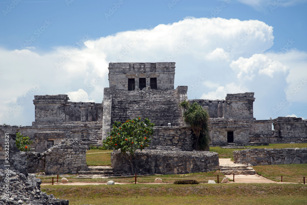 America central - Yucatan , Mexico - Tulum ruins by the sea - Unesco heritage , attraction for tourist for the amazing sand beach and sea life