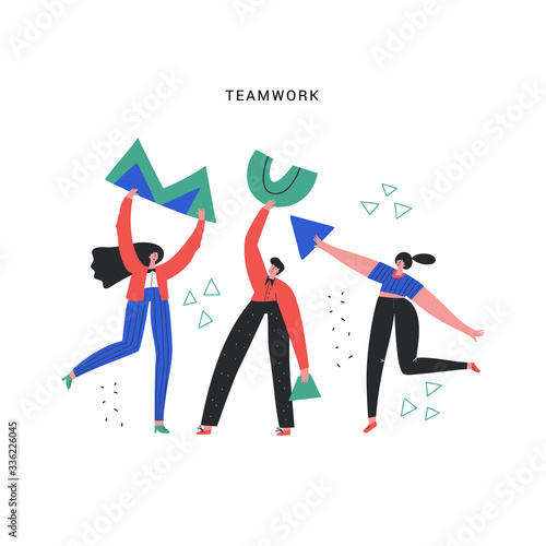 Business team, work and aid vector illustration. People with geometric shapes doodle drawing. Teamwork, partnership, cooperation concept. Coworkers flat characters isolated on white background