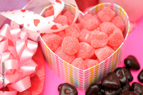 candies and chocolate in heart shape box