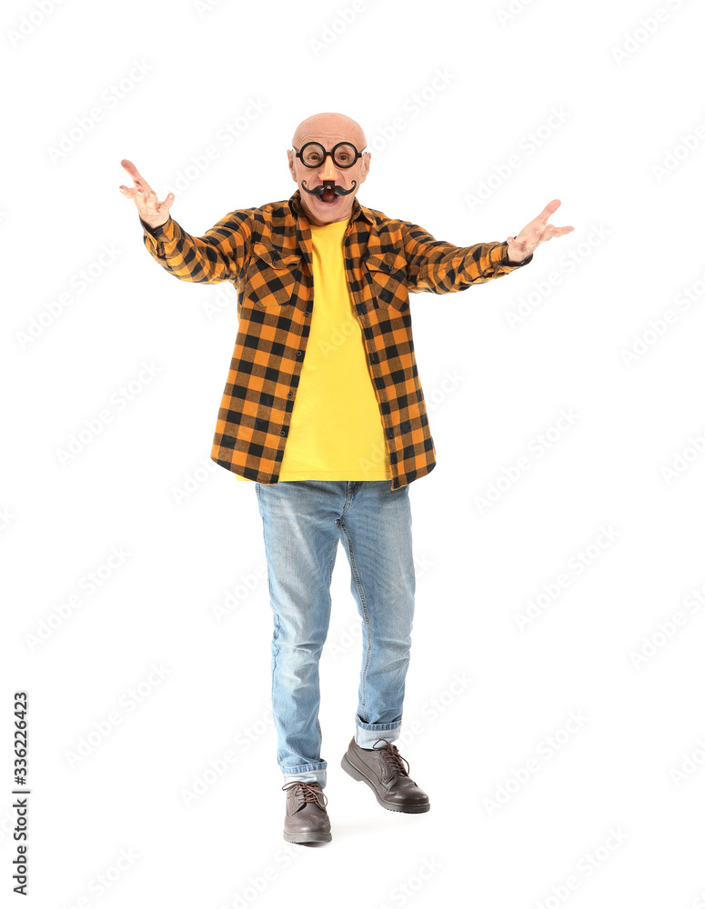 Portrait of emotional elderly man with party decor on white background Portrait of emotional elderly man with party decor on white background