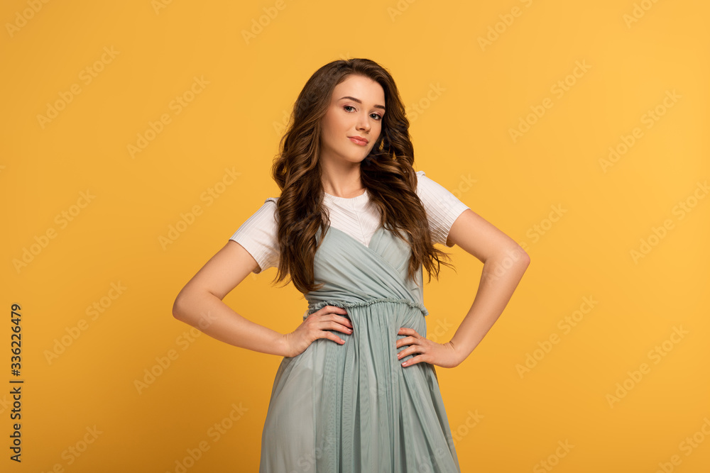 smiling elegant spring girl in dress isolated on yellow smiling elegant spring girl in dress isolated on yellow