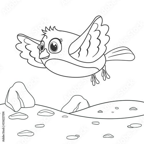 Coloring page outline of cartoon fly bird. Page for coloring book of birdie for kids. Activity colorless picture about cute animals. Anti-stress page for child. Black and white vector illustration