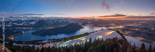 фотографія blue hour panorama of central Switzerland at blue hour