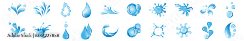Water Splash Vector And Drop Set - Isolated On White. Vector Collection Of Flat Water Splash and Drop Logo. Icons For Droplet, Water Wave, Rain, Raindrop, Company Logo And Bubble Design