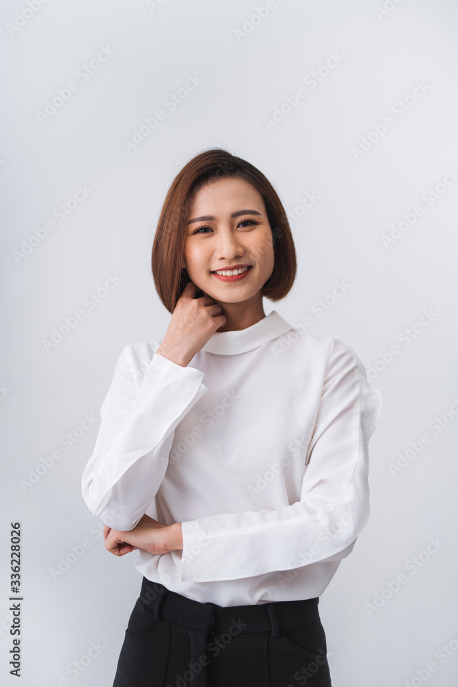 Side view profile of smiling Asian woman face portrait. Side view profile of smiling Asian woman face portrait.