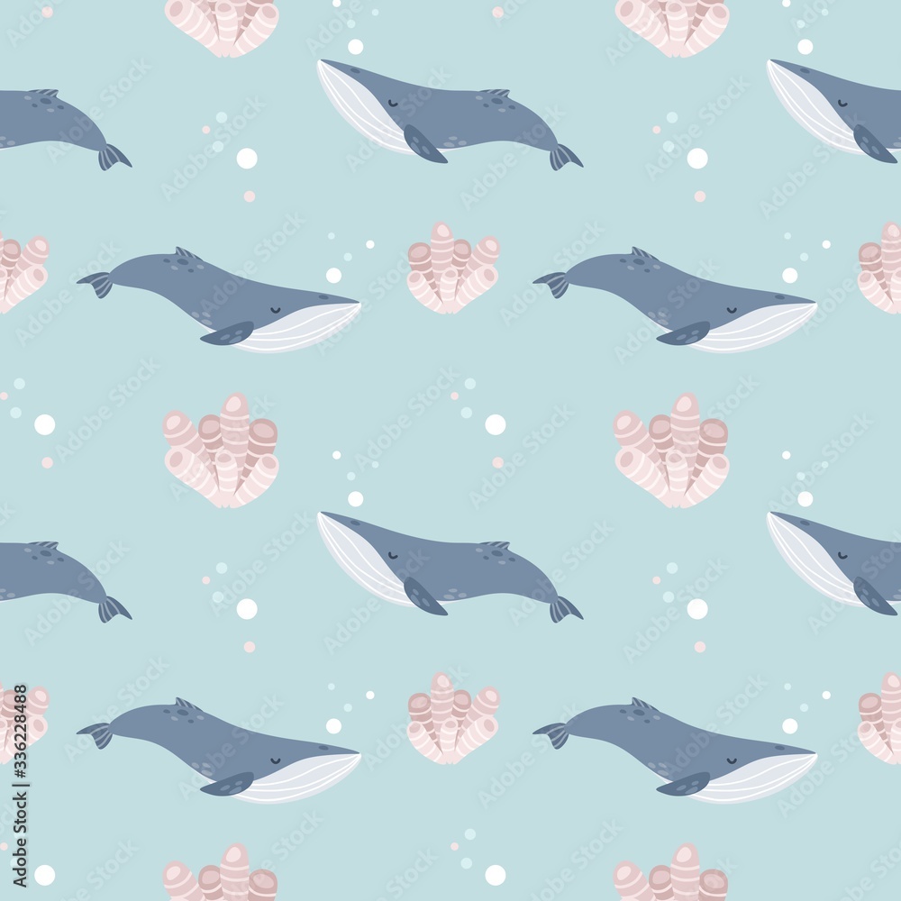 Sea life elements seamless pattern. Whales on a turquoise background. Hand drawn doodle vector illustration. Sea life elements seamless pattern. Whales on a turquoise background. Hand drawn doodle vector illustration.