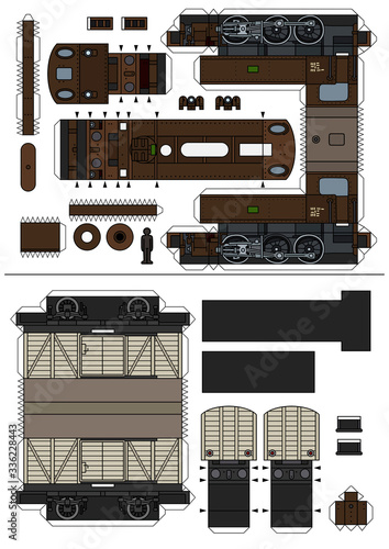 The paper model of a vintage steam locomotive with a cream freight wagon