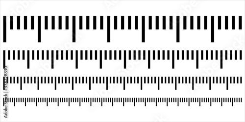 Measuring scale, marking for ruler, length measurement scale chart, thermometer scale, marks for tape measure. Vector illustration