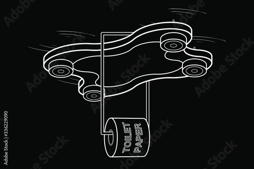 Black and White Drone Quadrocopter with Roll of Toilet Paper Isolated on Black Background. Aircraft Provides Necessary Delivery of Goods. Vector. 3D Illustration