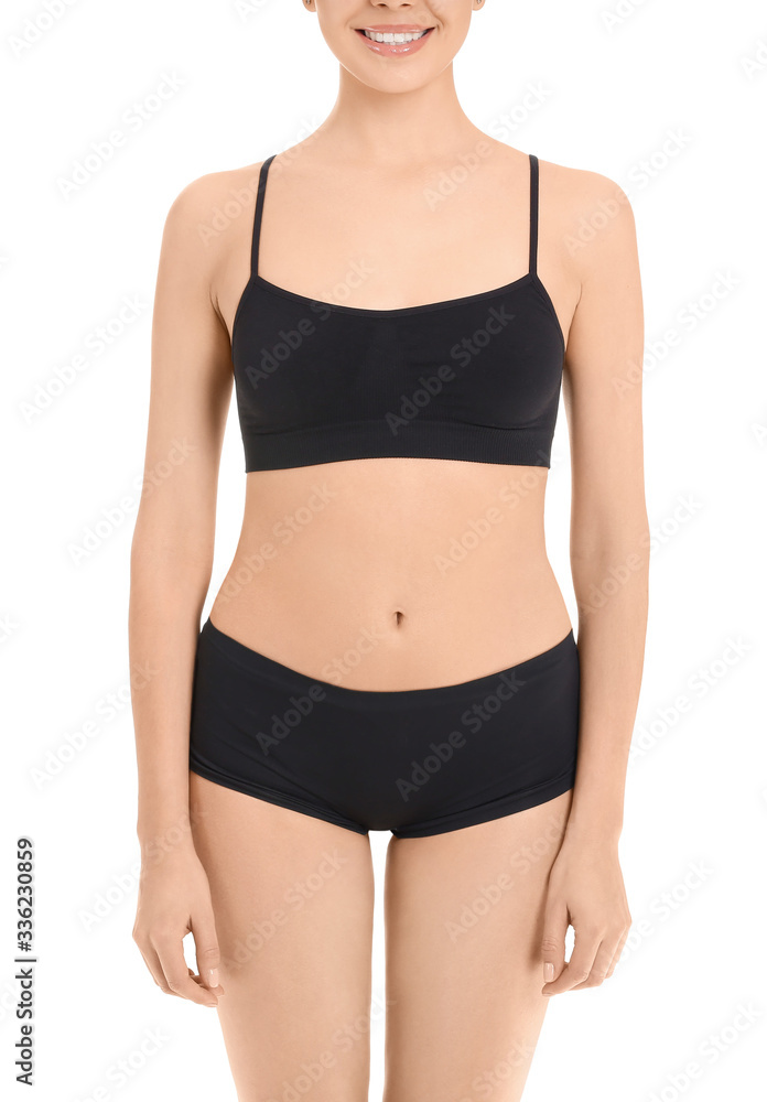 Young slim woman on white background. Weight loss concept Young slim woman on white background. Weight loss concept