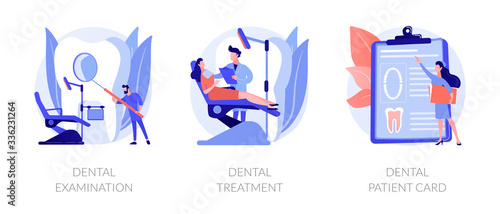 Stomatological clinic. Dentist appointment, checkup and teeth care procedures. Dental examination, dental treatment, dental patient card metaphors. Vector isolated concept metaphor illustrations.