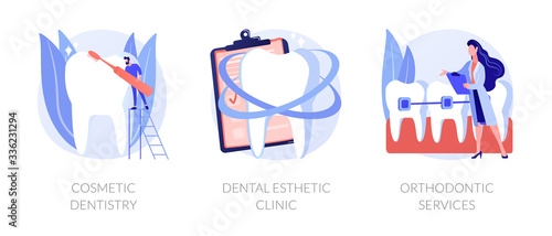 Teeth whitening and professional cleaning procedures. Dental braces. Cosmetic dentistry, dental esthetic clinic, orthodontic services metaphors. Vector isolated concept metaphor illustrations.