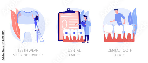 Cosmetic odontology and orthodontic procedures. Teeth straightening. Teeth wear silicone trainer, dental braces, dental tooth plate metaphors. Vector isolated concept metaphor illustrations.