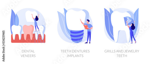 Aesthetic stomatology. Dental prosthetics, teeth restoration. Dental veneers, teeth dentures implants, grills and jewelry teeth metaphors. Vector isolated concept metaphor illustrations.