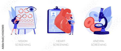 Health condition diagnostics. Laboratory blood analysis. Medical lab testing. Vision screening, hearing screening, anemia screening metaphors. Vector isolated concept metaphor illustrations.