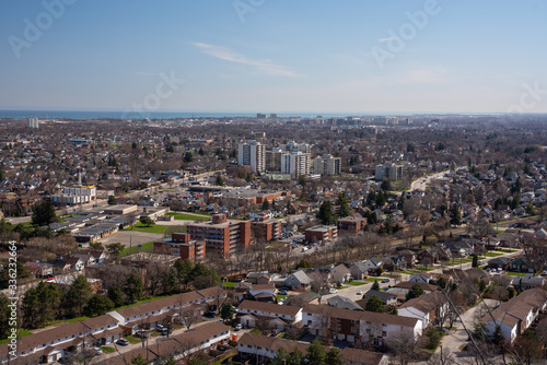 Aerial Panoramic View of Hamilton, Ontario with Residential Buildings during Clear Skies