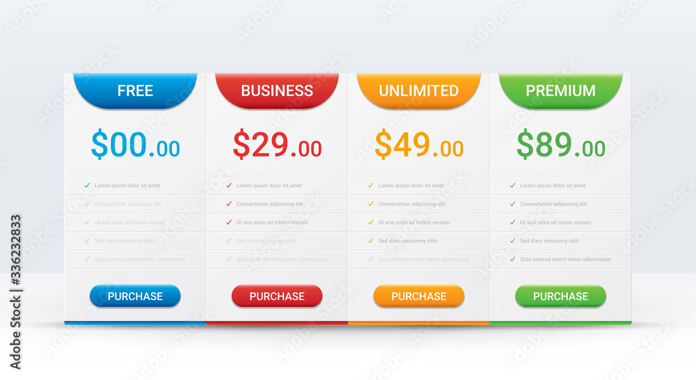 Price comparison table layout template for four products, vector illustration
