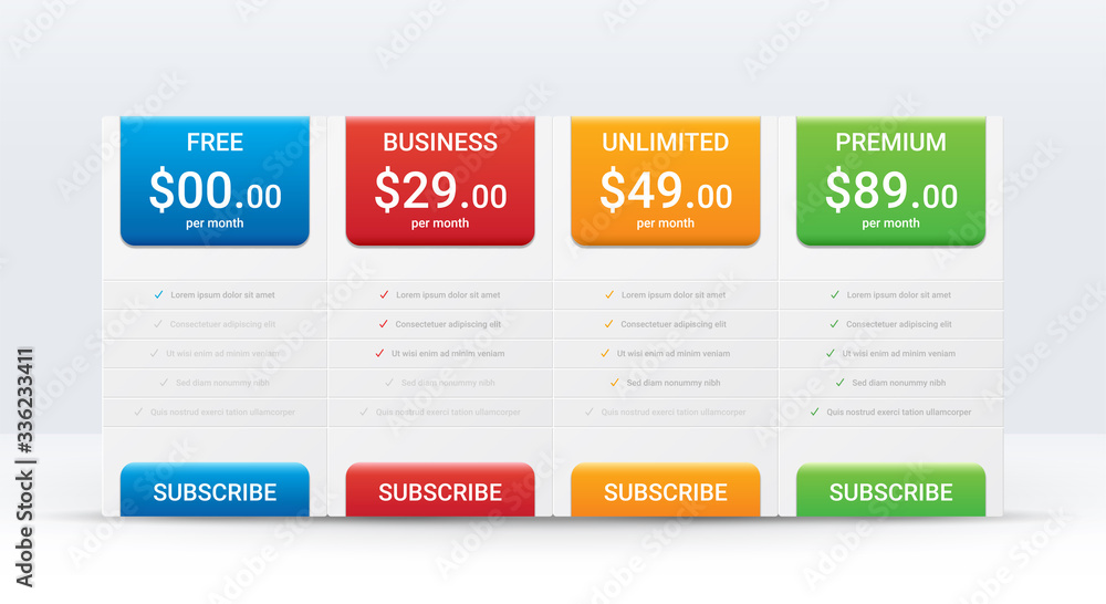 Price comparison table layout template for four products, vector illustration