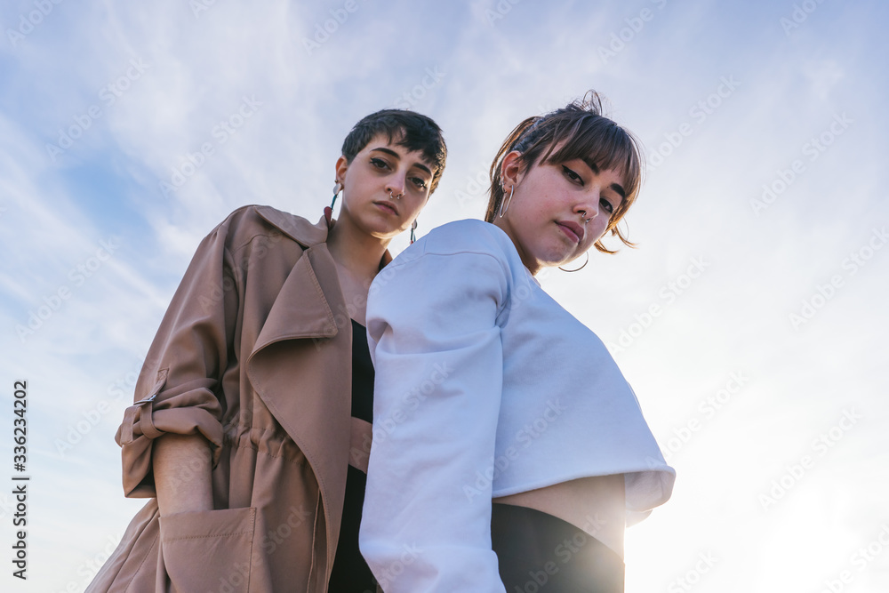 Portrait Of Two Stylish Girls Looking At Camera. Portrait Of Two Stylish Girls Looking At Camera.
