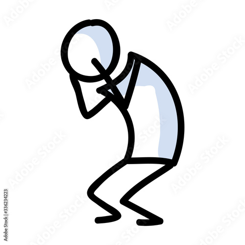 Cute stick figure with head in hands emotion lineart icon. Anger and anxiety pictogram. Communication of unhappy feeling illustration. Terrified vector graphic. 