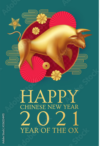 Happy Chinese new Year 2021 The year of the metal ox. Chinese traditional text means year of the ox . Holiday greetings with realistic 3D metal golden ox character.