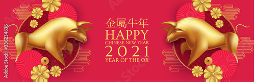 Happy Chinese new Year 2021 The year of the metal ox. Chinese traditional text means year of the ox . Holiday greetings with realistic 3D metal golden ox character.