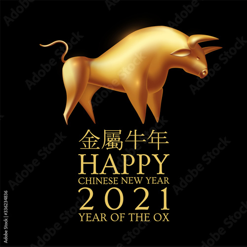 Happy Chinese new Year 2021 The year of the metal ox. Chinese traditional text means year of the ox . Holiday greetings with realistic 3D metal golden ox character.