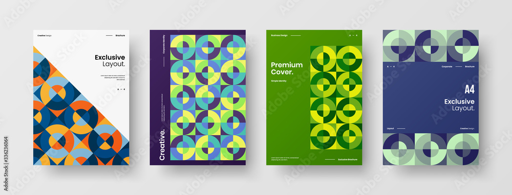 Company identity brochure template collection. Business presentation vector A4 vertical orientation front page mock up set. Corporate report cover abstract geometric illustration design layout bundle.