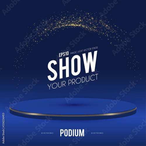 Round Podium. Scene, pedestal and 3D platform with gold glitter effect. Advertising, award and win design. Show and sale background. Realistic presentation mockup.