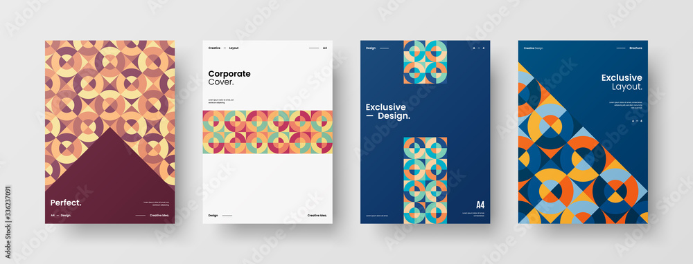 Company identity brochure template collection. Business presentation vector A4 vertical orientation front page mock up set. Corporate report cover abstract geometric illustration design layout bundle.