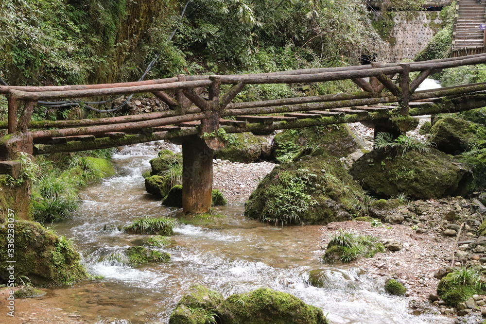 wooden bridge across a river in a mountain forest in Sichuan, China wooden bridge across a river in a mountain forest in Sichuan, China