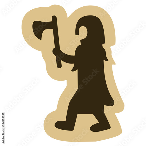 Side view of a Viking warrior wearing a helmet and wielding an axe. Can represent Norsemen, Nordic mythology, a barbarian, a medieval battle and ancient history.